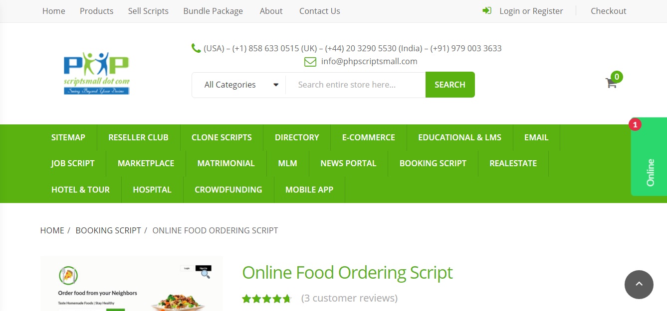 https://phpscriptsmall.com/product/online-food-ordering-script/ website snapshot