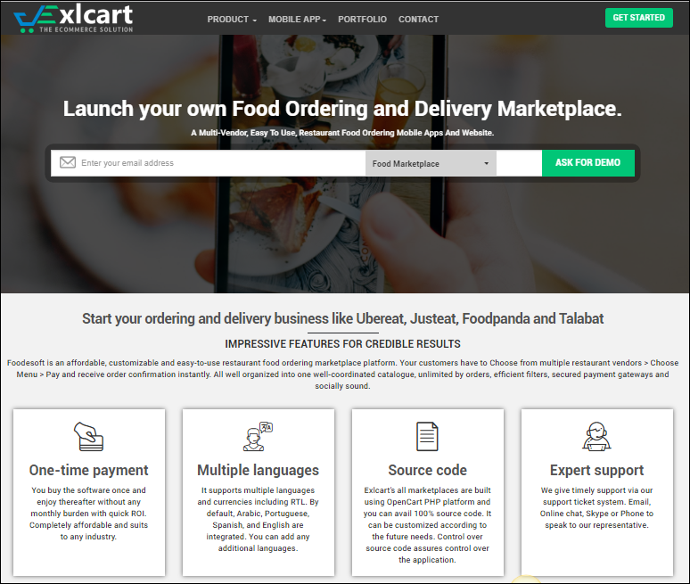 https://www.exlcart.com/food-marketplace-software.html website snapshot